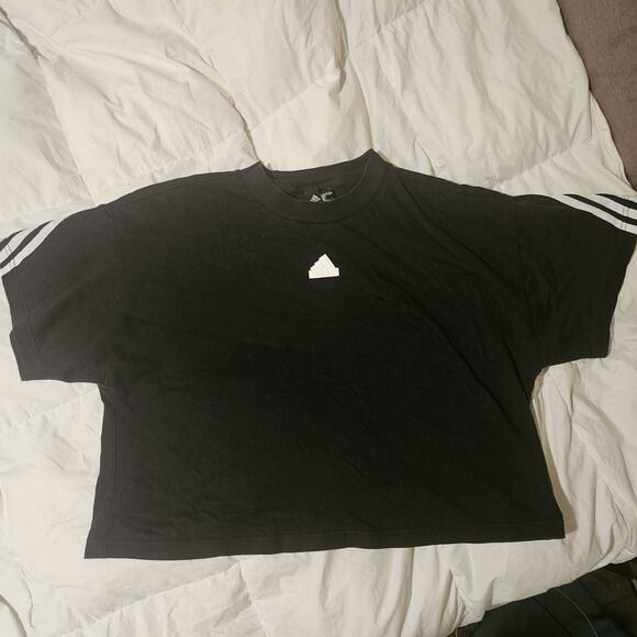 Adidas Trefoil Black 3-Stripe Cotton Cropped Baby Tee T-Shirt Xl Future Icon Euc - Picture 1 of 5